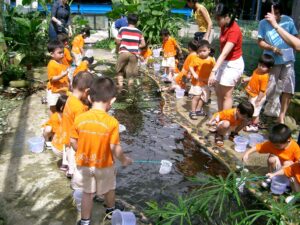 Preschool kids fishing and playing in a fish farm in Singapore