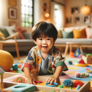 An Asian child, around 2-3 years old, playing in a sensory area inside a cozy home. The child has short black hair and is wearing a colorful outfit 