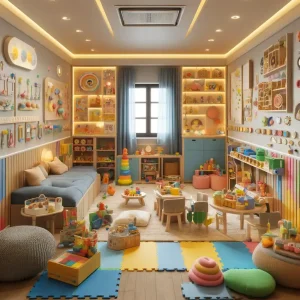 A sensory play area designed for young children inside a cozy home. The area is filled with various sensory toys and activities