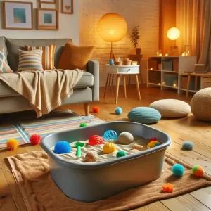 A sensory corner in a cozy living room, featuring a large plastic tub placed on towels to protect the floor. Inside the tub are various sensory items