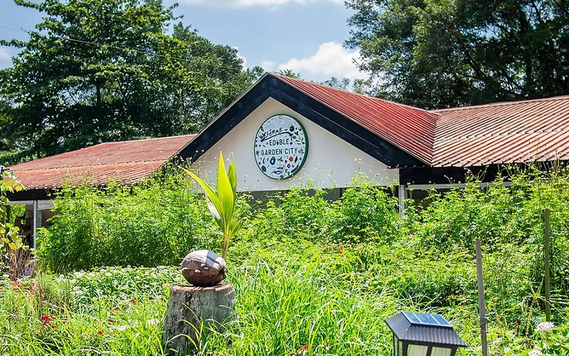 A farm building with a red roof, nestled amidst lush greenery, with a sign that reads "Edible Garden City." The environment is surrounded by vibrant plants and garden beds.