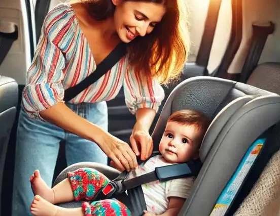 Mother strapping her child in a baby car seat