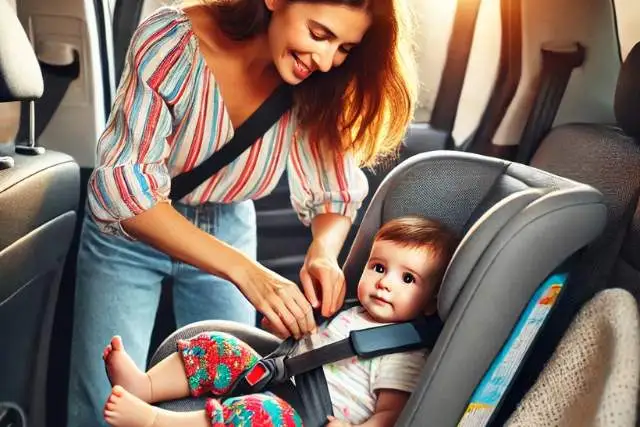 Mother strapping her child in a baby car seat